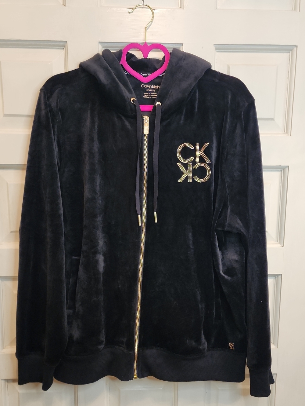 CALVIN KLEIN WOMENS BLACK VELOUR ZIP HOODED Sweater Top With Pockets And Logo